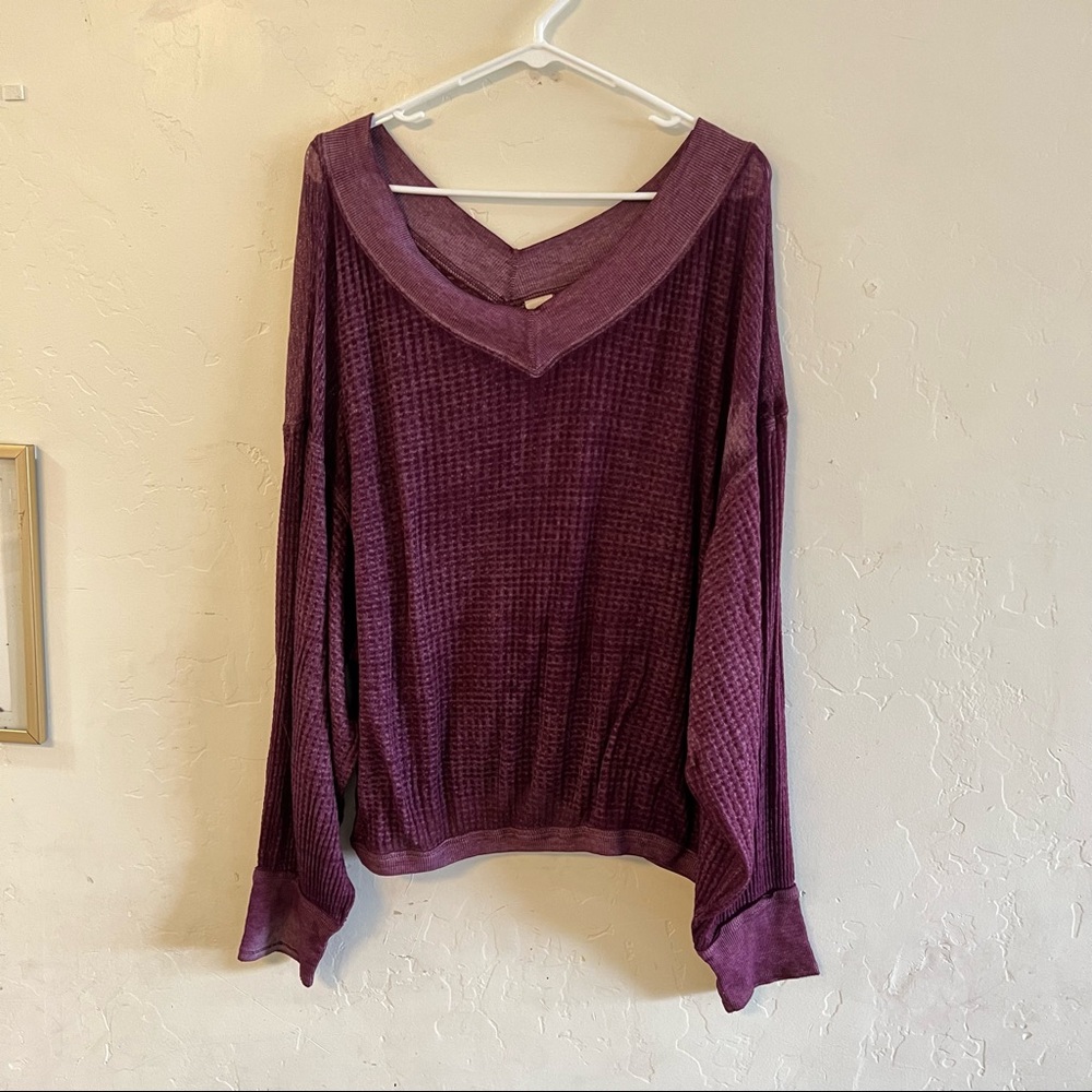 Free People Maroon Waffle Knit Wide V Neck Cropped Knit Top Large